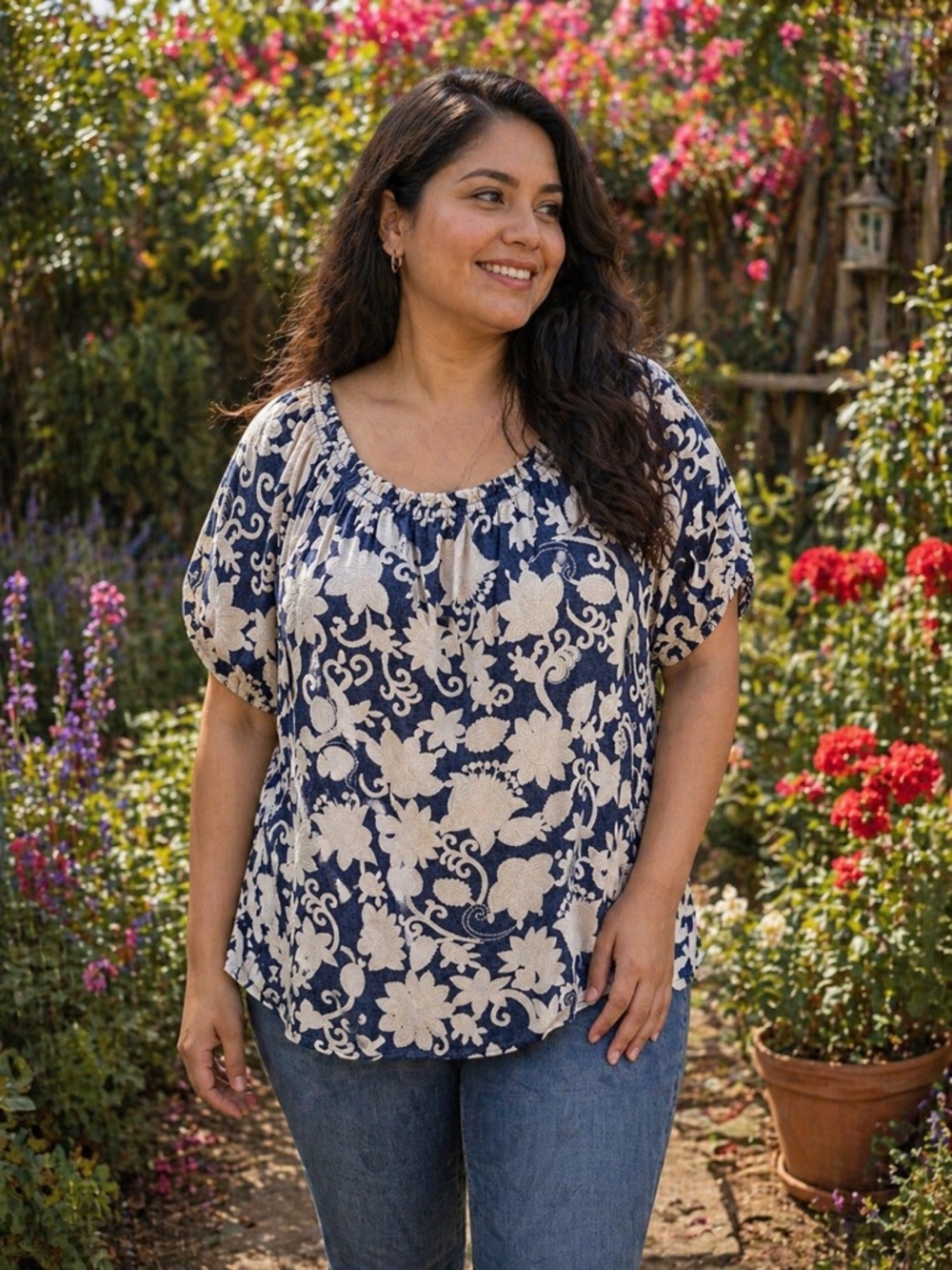 PerSeption Concept Navy and Cream Floral Peasant Blouse
